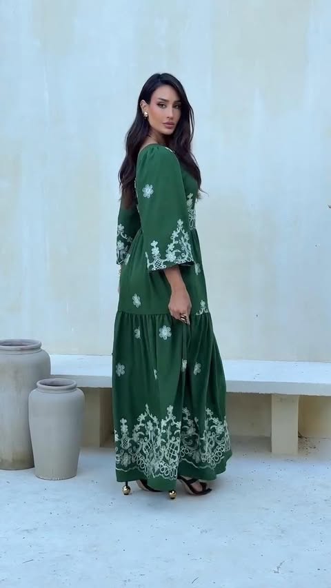 VESTIDO BORDADO VISCOMIDA VERDE MILITAR  MANGA 3/4   C�D:10113904 TAMANHO �NICO