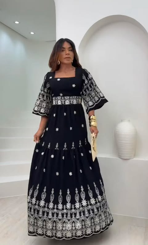 VESTIDO VISCOMIDA  BORDADO MANGA 3/4  -  C�D:10113907 TAMANHO �NICO