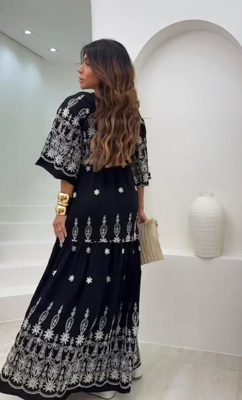 VESTIDO VISCOMIDA  BORDADO MANGA 3/4  -  C�D:10113907 TAMANHO �NICO