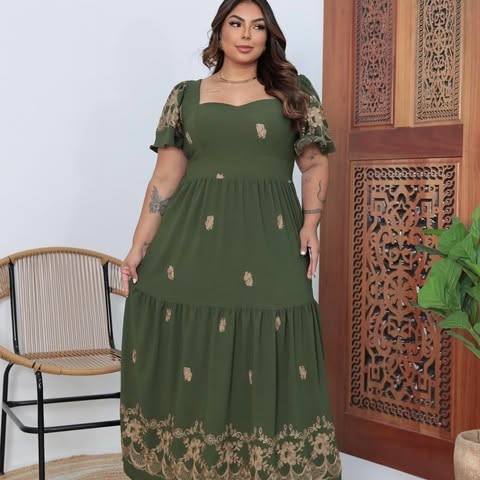 VESTIDO VISCOMIDA BORDADO - DECOTE  QUADRADO - C�D:10013972  - TAMANHO G2